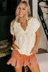 Beige Notched V Neck Short Sleeve Sweater